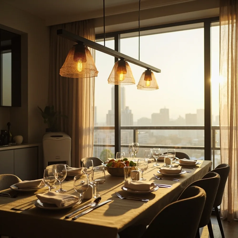 post-modern luxury dining table 200cm walnut wood installed in seoul apartment dining room with humidifier 120cm away, structure 10-year warranty