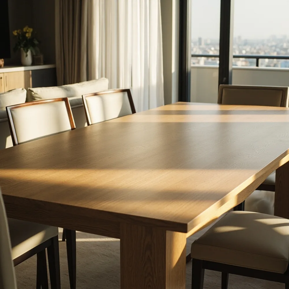 photorealistic daylight interior of a 180cm solid wood dining table beside a French luxury sofa, Korean apartment dining area, refined corners, practical aisle spacing, realistic furniture textures, film grain, no text, no people faces