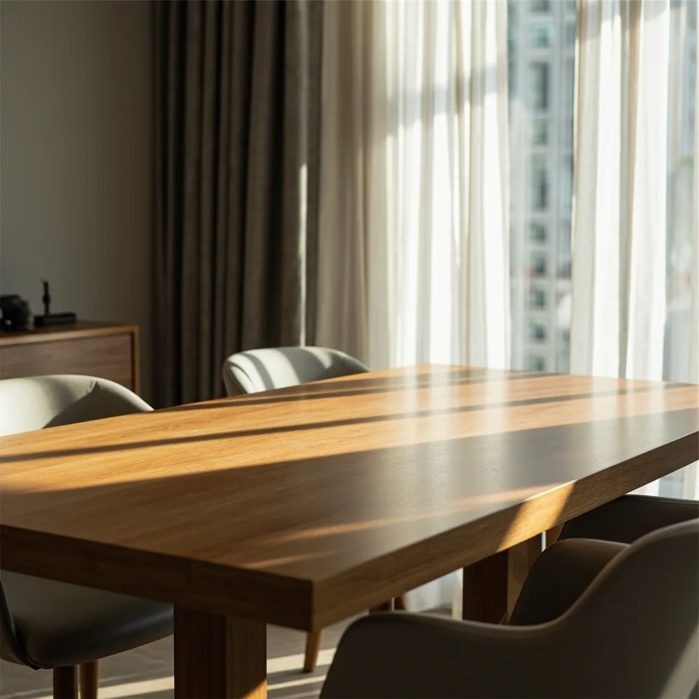 photorealistic photo of a compact 220cm solid wood dining table being measured near an apartment elevator entrance, protective wrapping and installation tools visible, neutral daylight, documentary realism, film grain, no text, no people faces