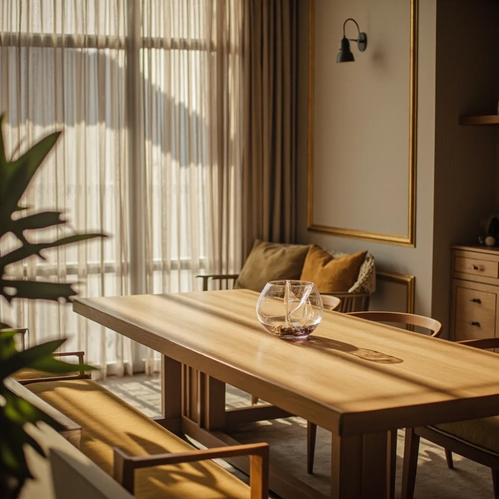 photorealistic natural-light photo of a 180x90cm French luxury solid oak dining table in a compact Seoul studio dining area, cream walls, four chairs, soft morning shadows, no text, no people faces, film grain
