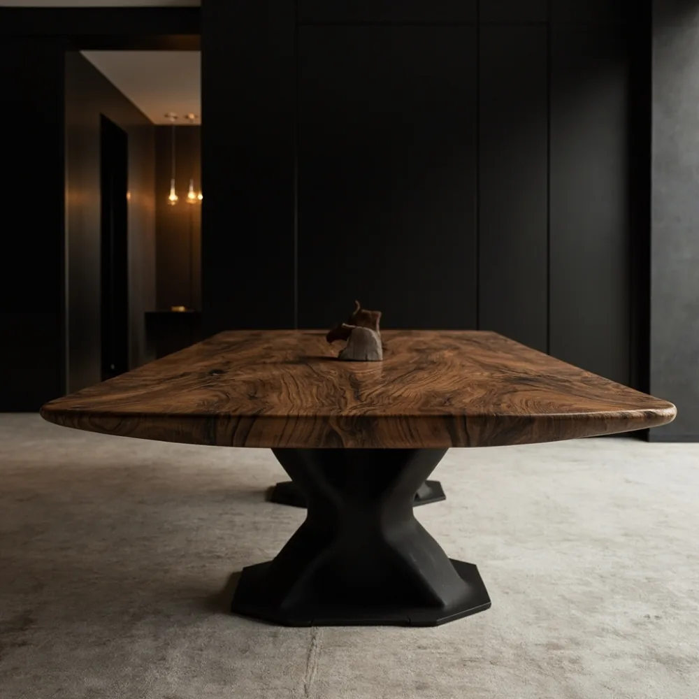 photorealistic natural-light photo of a 220x100cm walnut dining table being moved by a ladder equipment through a narrow apartment stairwell, protective wrapping, realistic architectural proportions, no readable text, no people faces, film grain