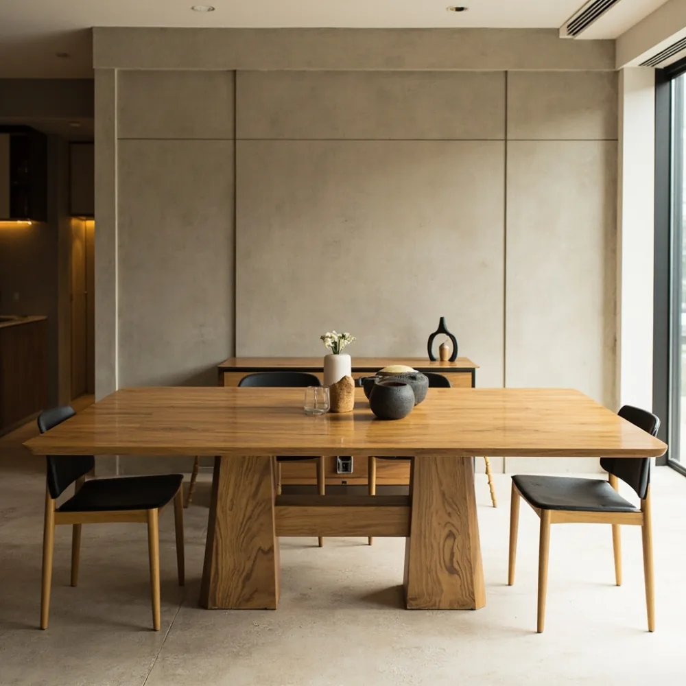 photorealistic natural-light photo of a split-top solid wood dining table under installation in a Korean apartment, precise joint connection and floor protection, neutral natural light, no text, no people faces, film grain