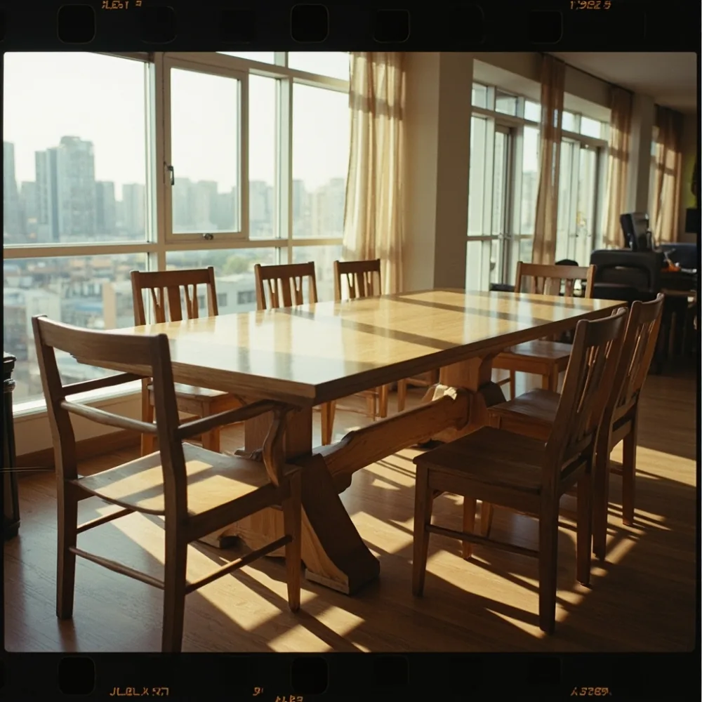 강남 아파트 다이닝룸에 놓인 아메리칸 럭셔리 오크 통판 식탁