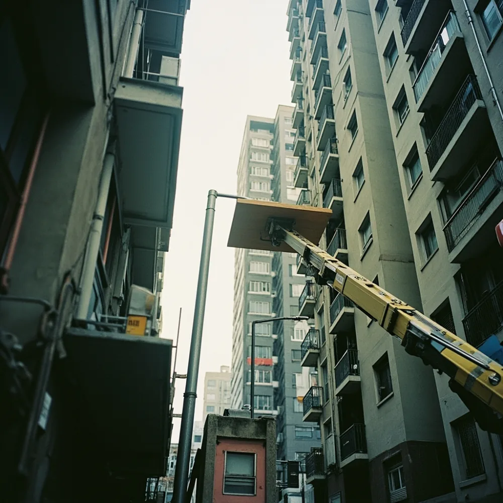 서울 고층 아파트 창문으로 사다리차를 이용해 들어오는 220cm 원목 식탁, 자연광 사진
