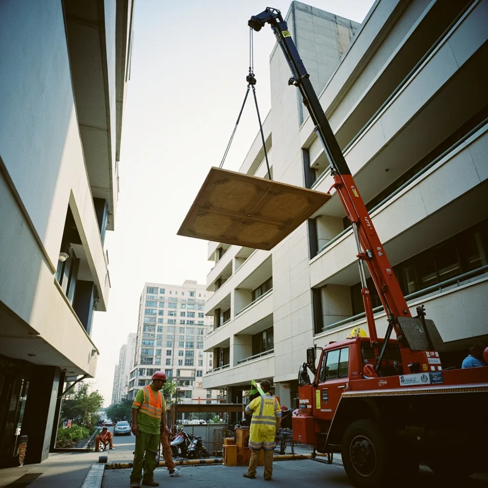 인천 송도 아파트 12층 사다리차 인양 장면, 200cm 체리 원목 프렌치 럭셔리 식탁, 오후 자연광, 필름 그레인