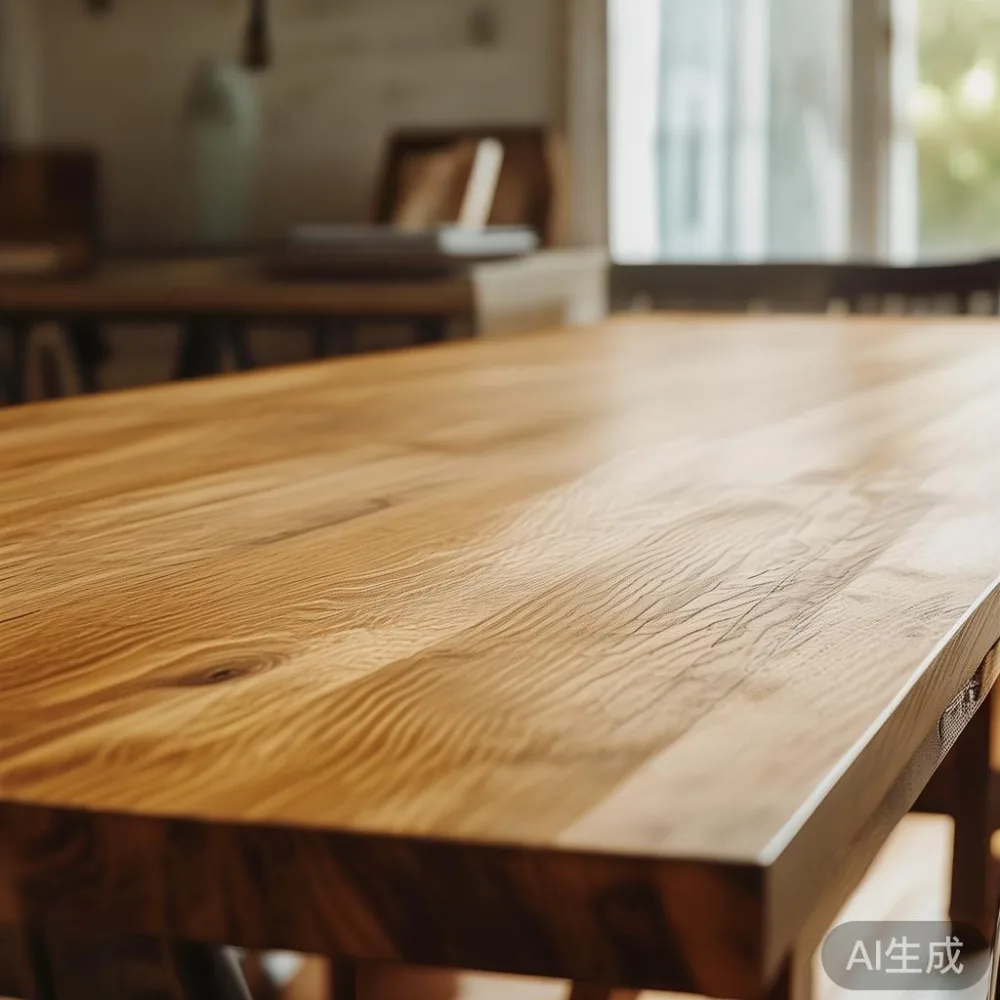한국의 습도와 원목 식탁 — 다이닝 테이블을 10년 이상 쓰는 방법 — close-up of the grain and joinery detail, shallo