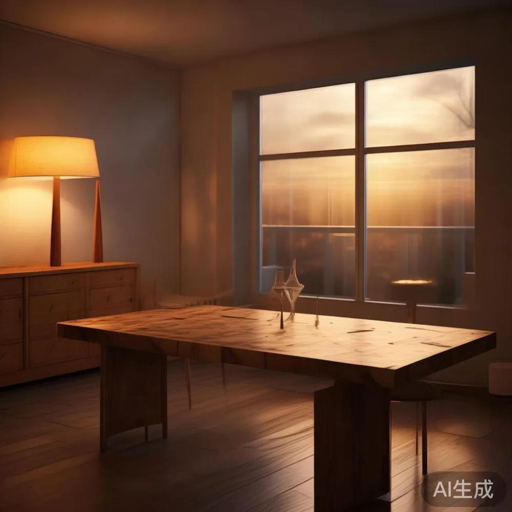 웜 미니멀 인테리어에 가구를 매치하는 법 — MIDHILL 원목 식탁으로 완성하는 따뜻한 공간 — room setting at dusk with warm lamp light, film 